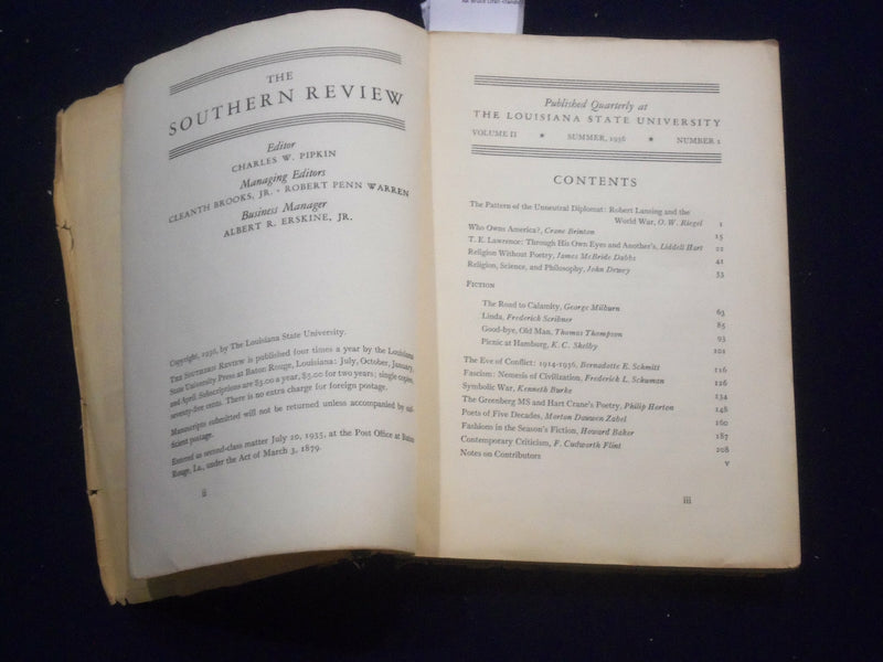 1936 SUMMER THE SOUTHERN REVIEW QUARTERLY - THOMAS THOMPSON SIGNED - J 5854