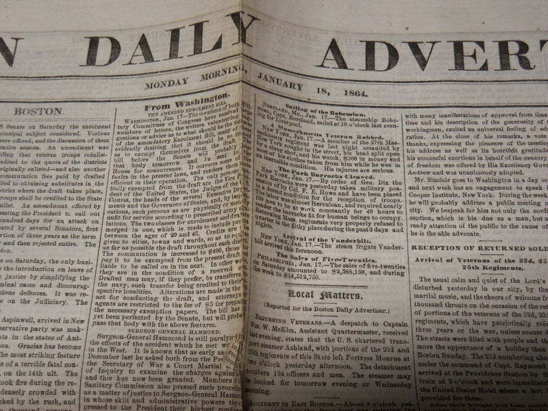 1864 JANUARY 18 BOSTON DAILY ADVERTISER NEWSPAPER - TRUMBULL REQUEST - NP 3878I