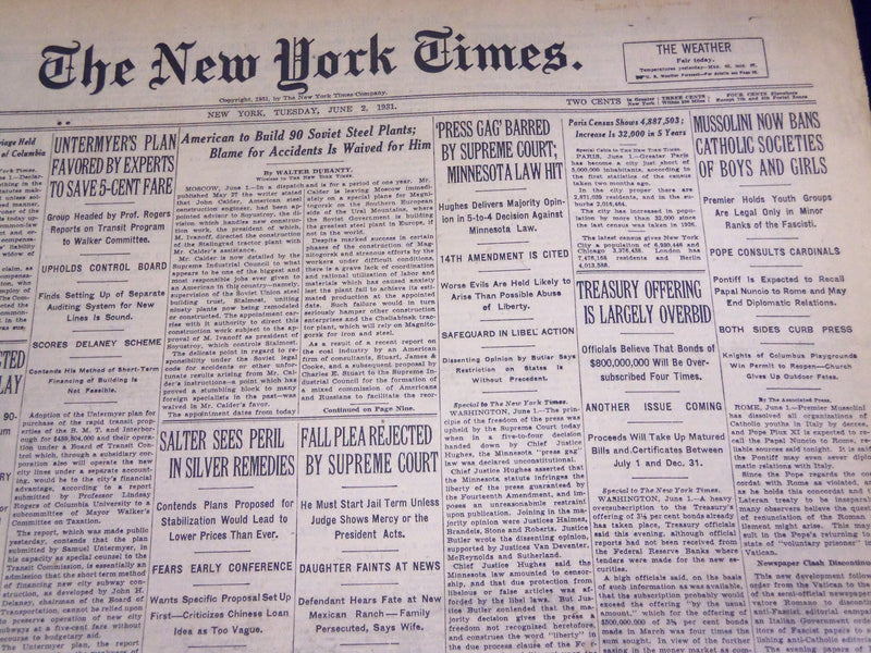 1931 JUNE 2 NEW YORK TIMES - MUSSOLINI BANS BANS CATHOLIC SOCIETIES - NT 2171