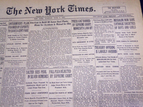 1931 JUNE 2 NEW YORK TIMES - MUSSOLINI BANS BANS CATHOLIC SOCIETIES - NT 2171