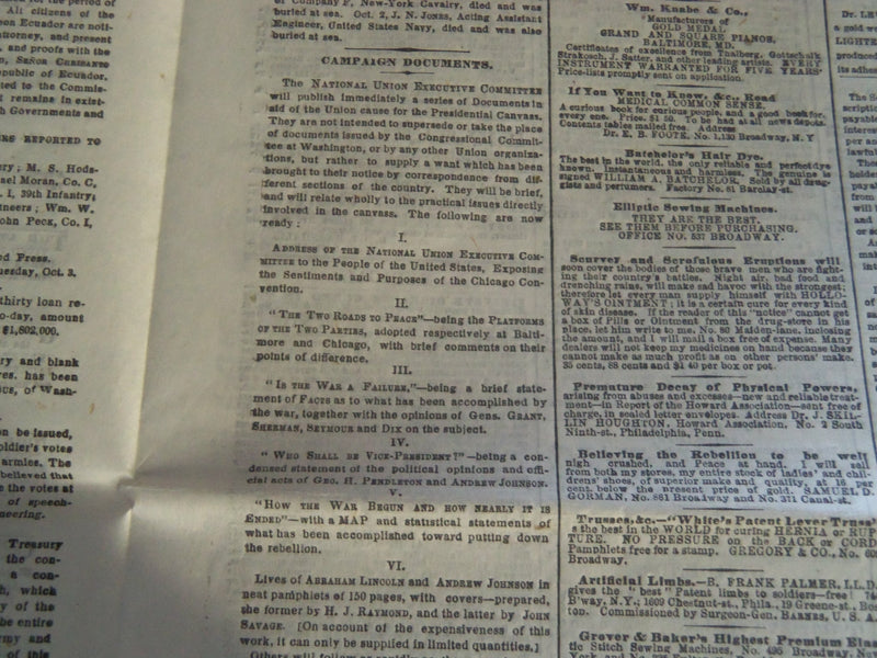 1864 OCTOBER 4 NEW YORK TIMES NEWSPAPER - GRANT'S OPERATIONS - NP 3987