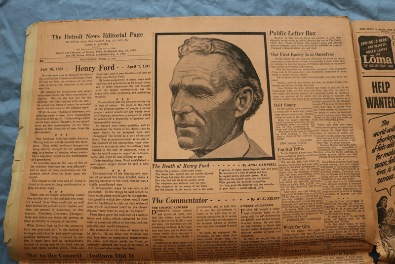 1947 APRIL 9 THE DETROIT NEWS NEWSPAPER-ALL MICHIGAN HENRY FORD TRIBUTE -NP 9218