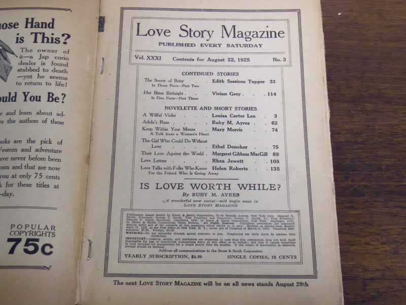 1925 AUGUST 22 LOVE STORY MAGAZINE ILLUSTRATED - VIVIAN GREY - K 1125