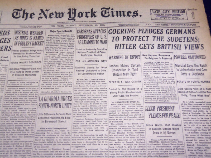 1938 SEPT 11 NEW YORK TIMES - GOERING PLEDGES TO PROTECT SUDETENS - NT 2470