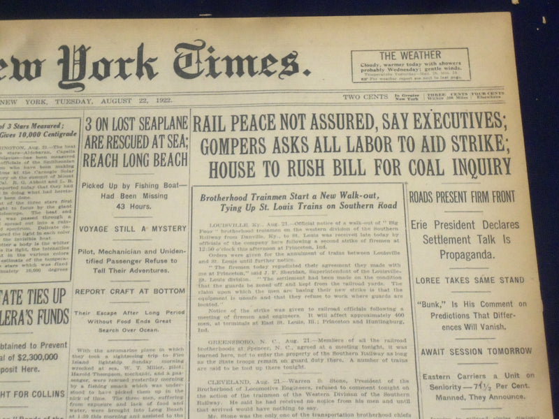 1922 AUGUST 22 NEW YORK TIMES - RAIL PEACE NOT ASSURED - NT 8387