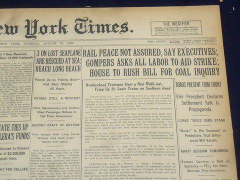 1922 AUGUST 22 NEW YORK TIMES - RAIL PEACE NOT ASSURED - NT 8387