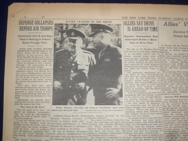 1945 MARCH 27 NEW YORK TIMES - 7 ARMIES SMASH NAZIS IN DEEP THRUSTS - NP 6678