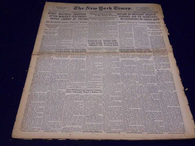 1938 SEPT 13 NEW YORK TIMES - HITLER IN DEFIANT SPEECH TO CZECHS - NT 2465