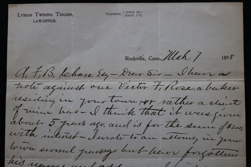1898 LYMAN TWININ TINGIER LAW OFFICE LETTER - ROCKVILLE, CONNECTICUT - K 2411