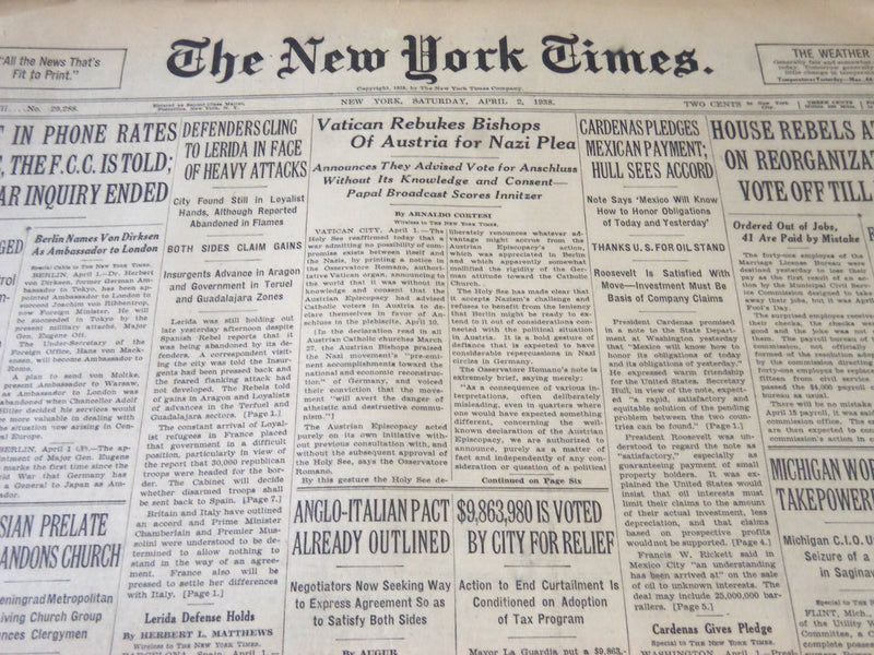 1938 APRIL 2 NEW YORK TIMES - VATICAN REBUKES BISHOPS OF AUSTRIA - NT 6241