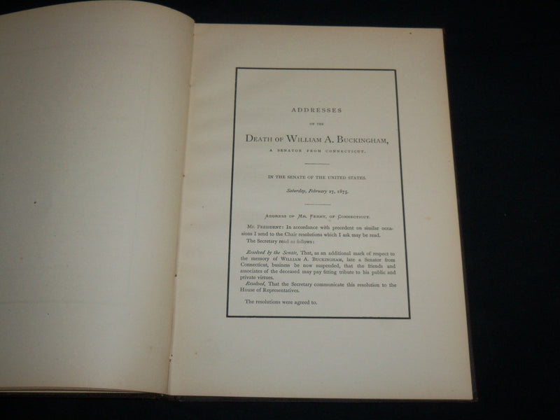 1875 WM. A. BUCKINGHAM MEMORIAL ADDRESSES HARDCOVER BOOK - KD 6903