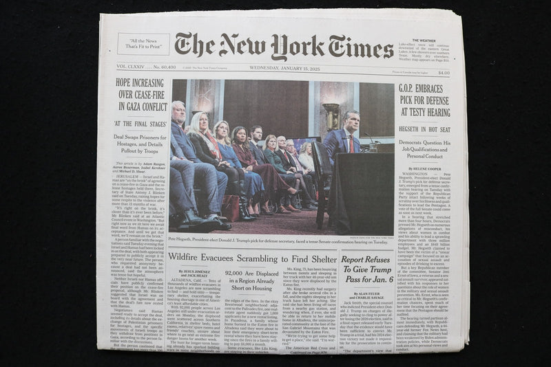 2025 JANUARY 15 NEW YORK TIMES - GOP EMBRACES PICK FOR DEFENSE AT TESTY HEARLING