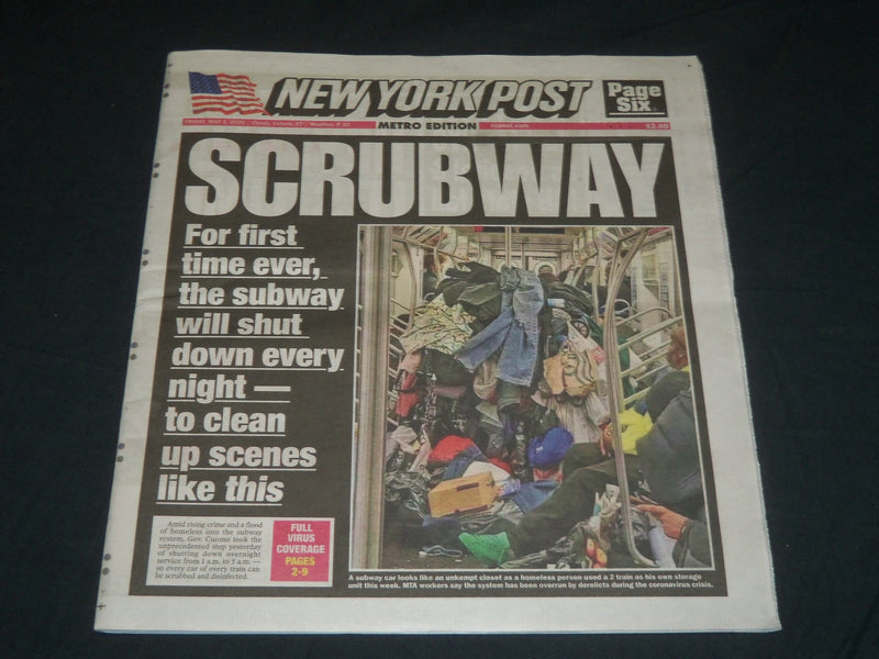 2020 MAY 1 NEW YORK POST NEWSPAPER - SCRUBWAY - SUBWAY SHUT DOWN TO CLEAN