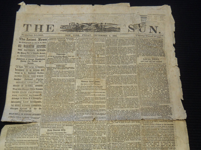 1865 SEPTEMBER 1 THE NEW YORK SUN NEWSPAPER - WIRZ CASE - NP 8954