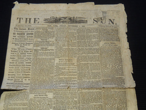1865 SEPTEMBER 1 THE NEW YORK SUN NEWSPAPER - WIRZ CASE - NP 8954