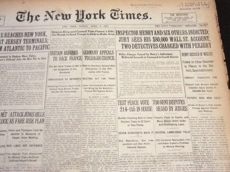 1920 APRIL 9 NEW YORK TIMES - INSPECTOR HENRY AND 6 OTHERS INDICTED - NT 5873
