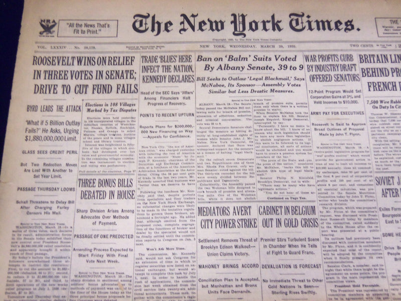 1935 MARCH 20 NEW YORK TIMES - ROOSEVELT WINS ON RELIEF - NT 3817