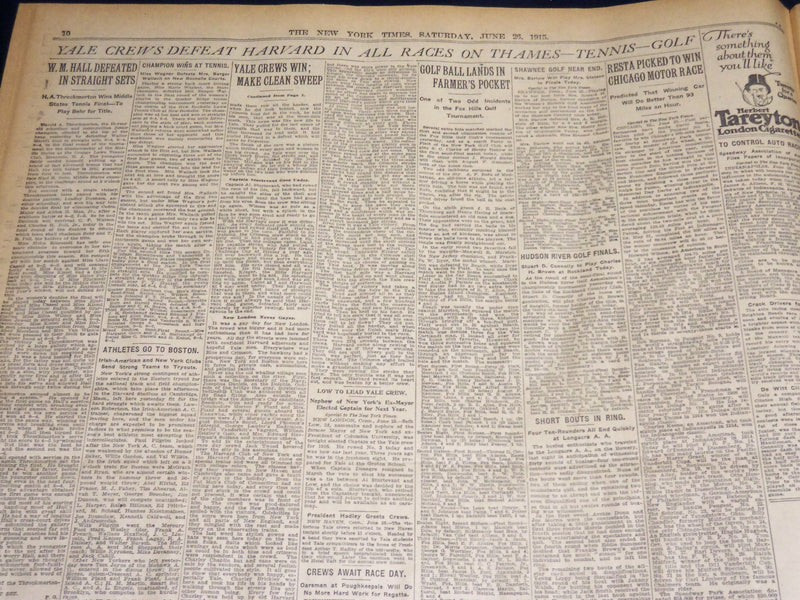1915 JUNE 26 NEW YORK TIMES NEWSPAPER- YALE BOAT CREW MAKES CLEAN SWEEP- NT 7708