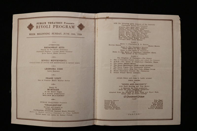 1926 JUNE 13 THE THEATER RIVOLI PROGRAM & TICKET STUBS- ARLETTE MARCHAL - K 1914