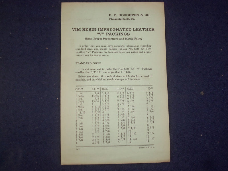 1944 HOUGHTON HYDRAULIC & PNEUMATIC LEATHER PACKINGS HANDBOOK - J 9784