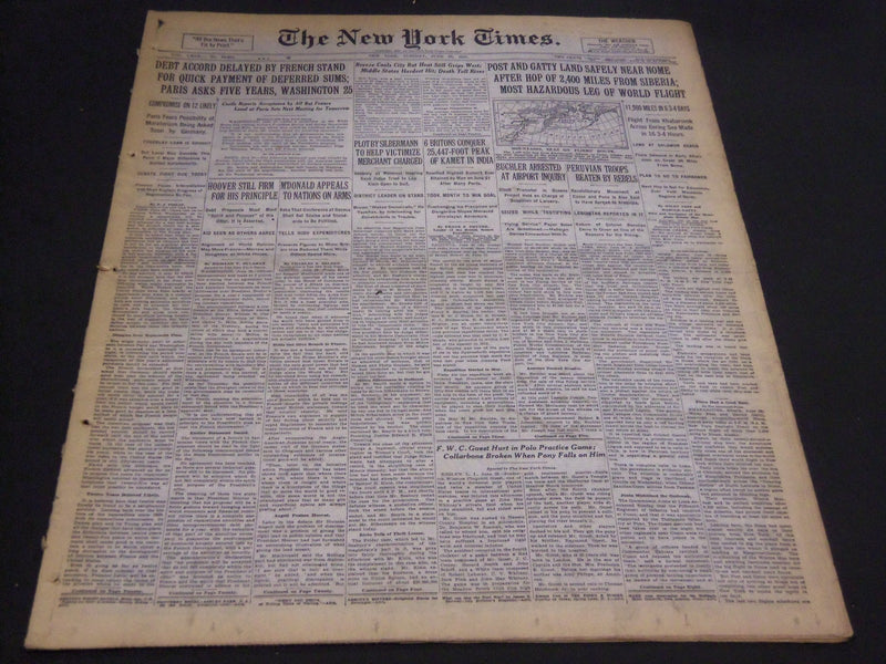 1931 JUNE 30 NEW YORK TIMES - POSTCARD GATLY LAND SAFELY NEAR NOME - NT 5007