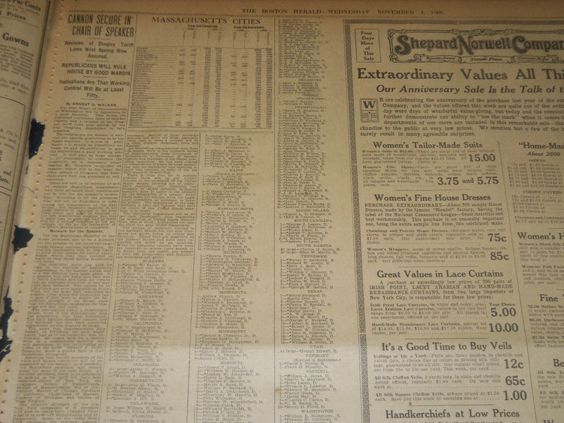 1908 NOV 4 THE BOSTON HERALD - JUDGE TAFT WINS WITH 319 VOTES - BH 241