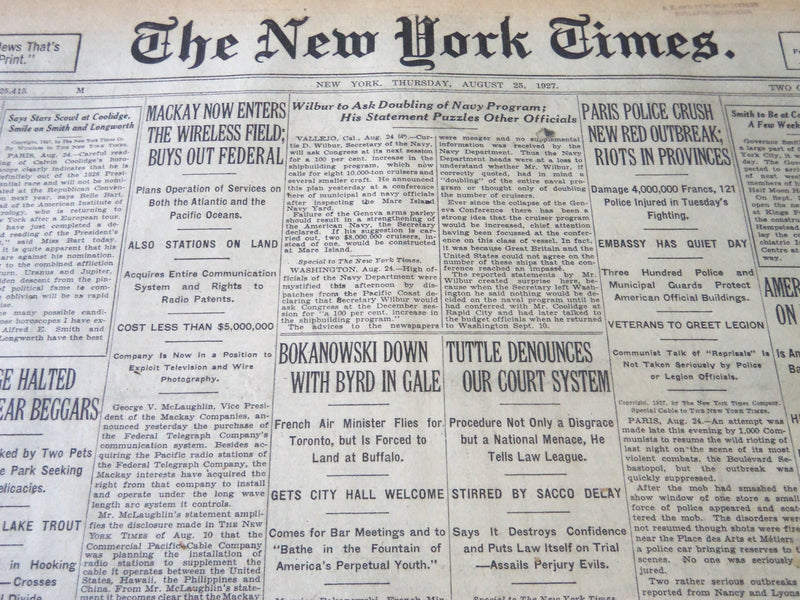 1927 AUGUST 25 NEW YORK TIMES - BOKANOWSKI DOWN WITH BYRD IN GALE - NT 6365