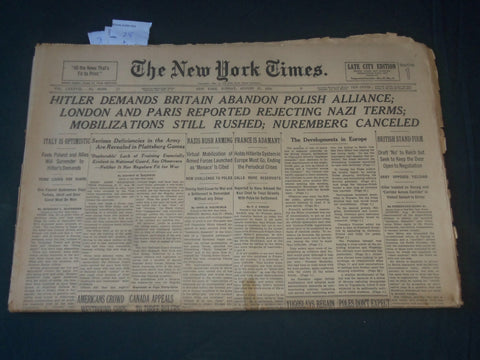 1939 AUGUST 27 NEW YORK TIMES - HITLER DEMANDS BRITAIN ABANDON ALLIANCE- NP 3608