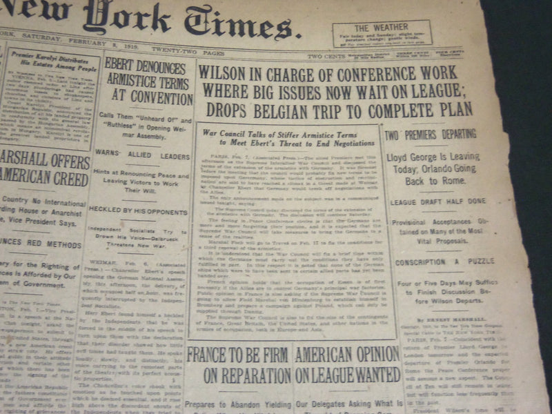 1919 FEBRUARY 8 NEW YORK TIMES - WILSON IN CHARGE OF CONFERENCE WORK - NT 7054