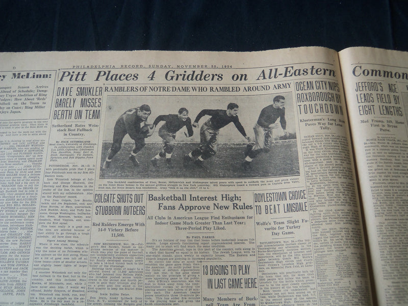 1934 NOV 25 PHILADELPHIA RECORD NEWSPAPER SPORTS SECTION - NOTRE DAME- NT 7251
