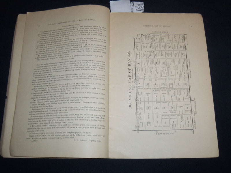 1892 PLANTS OF KANSAS CHECK LIST BOOK BY BERNARD B. SMYTH - J 8507