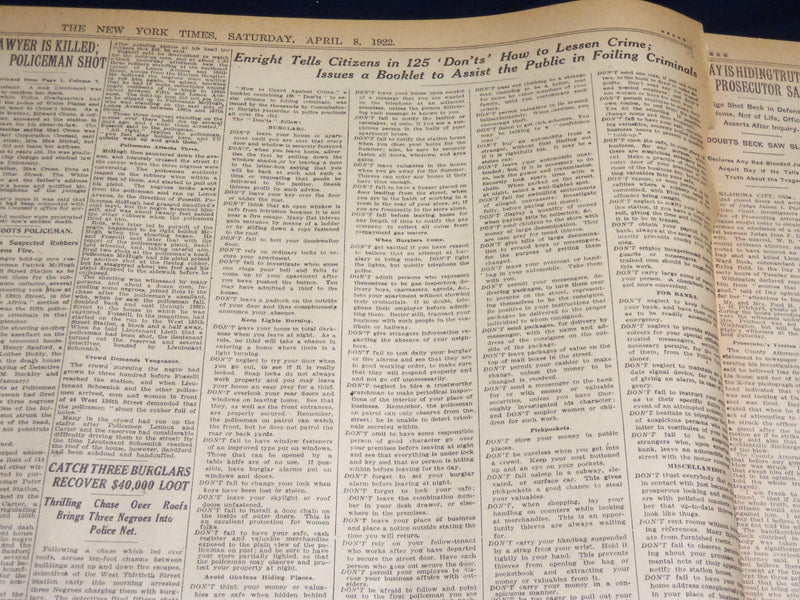 1922 APRIL 8 NEW YORK TIMES - ENRIGHT GETS 1192 MORE PATROLMEN - NT 8580