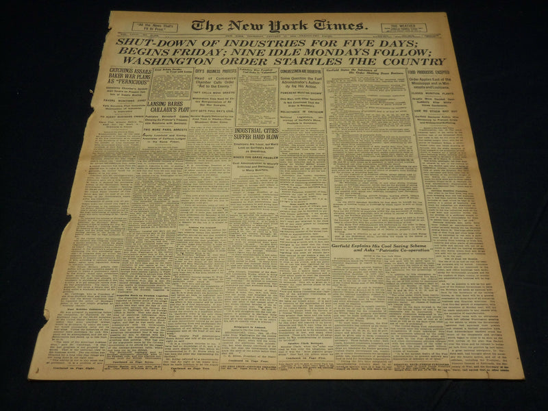 1918 JANUARY 17 NEW YORK TIMES - SHUTDOWN OF INDUSTRIES FOR FIVE DAYS - NT 7926