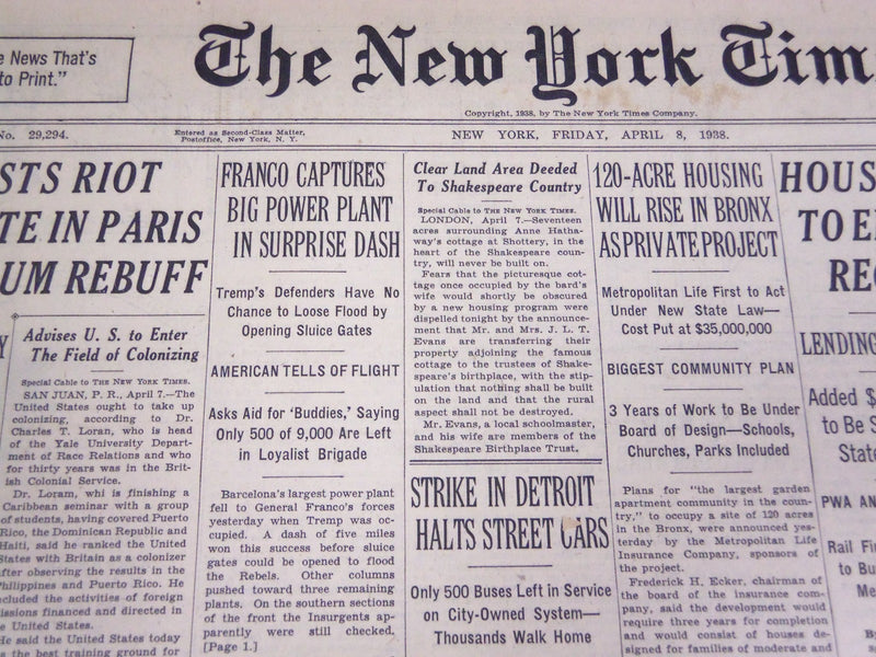 1938 APRIL 8 NEW YORK TIMES - FRANCO CAPTURES BIG POWER PLANT IN DASH - NT 711