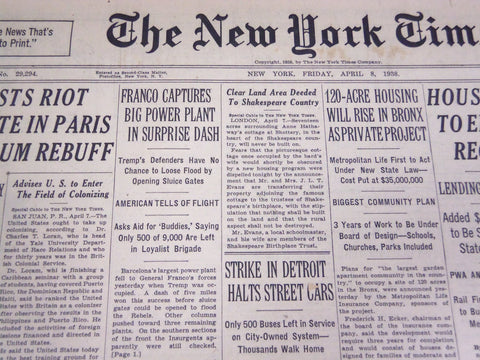 1938 APRIL 8 NEW YORK TIMES - FRANCO CAPTURES BIG POWER PLANT IN DASH - NT 711