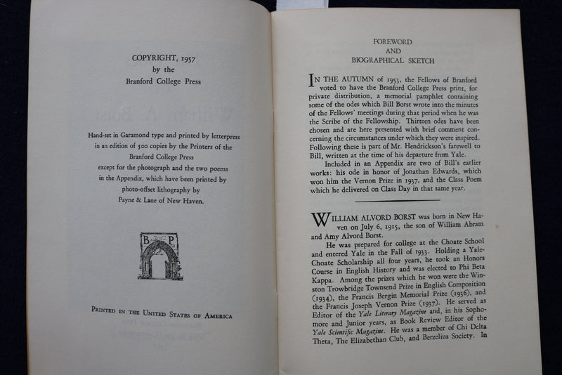 1957 THE ODES OF WILLIAM A. BORST SOFTCOVER BOOK - K 1465