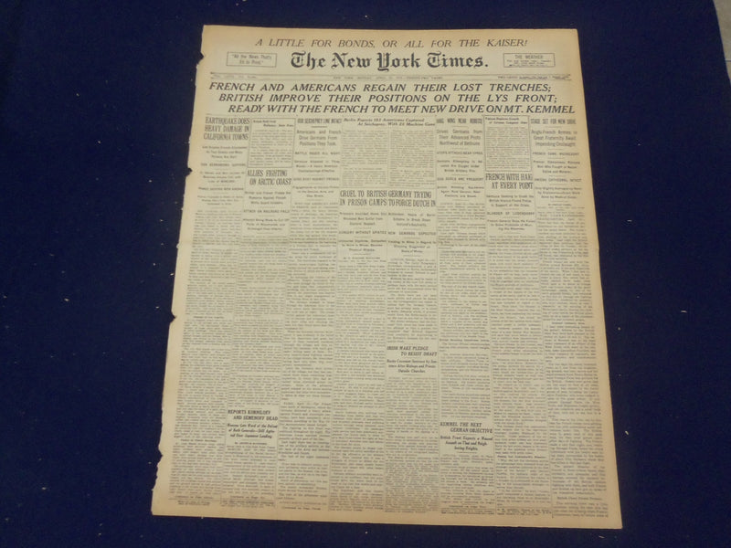 1918 APRIL 22 NEW YORK TIMES- FRENCH AND AMERICANS REGAIN LOST TRENCHES- NT 8220