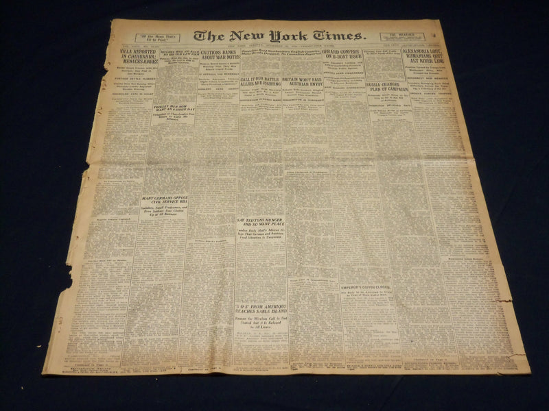 1916 NOVEMBER 28 NEW YORK TIMES NEWSPAPER- VILLA REPORTED IN CHIHUAHUA - NT 7718