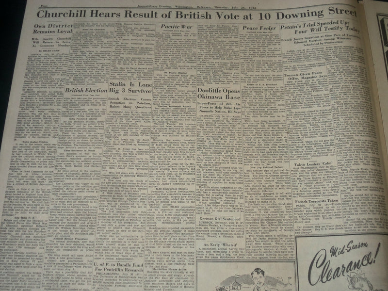 1945 JULY 26 WILMINGTON JOURNAL NEWSPAPER - BRITAIN OUSTS CHURCHILL - NT 7303