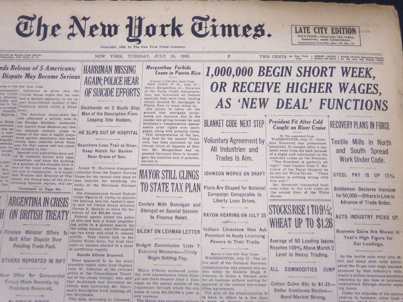 1933 JULY 18 NEW YORK TIMES - 1,000,000 BEGIN SHORT WEEK - NT 5190