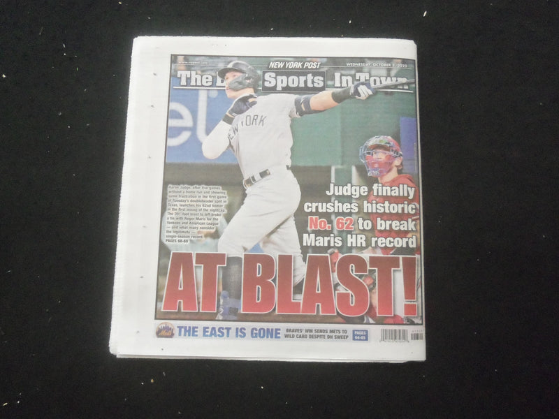 2022 OCTOBER 5 NEW YORK POST NEWSPAPER - AARON JUDGE HITS HOME RUN #62