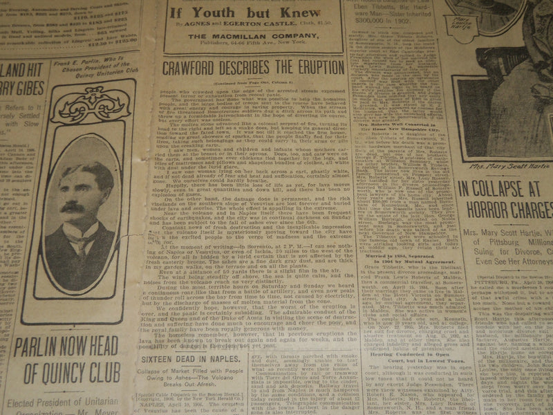 1910 APRIL 11 THE BOSTON HERALD CRAWFORD DESCRIBES ERUPTION OF VESUVIUS - BH 276