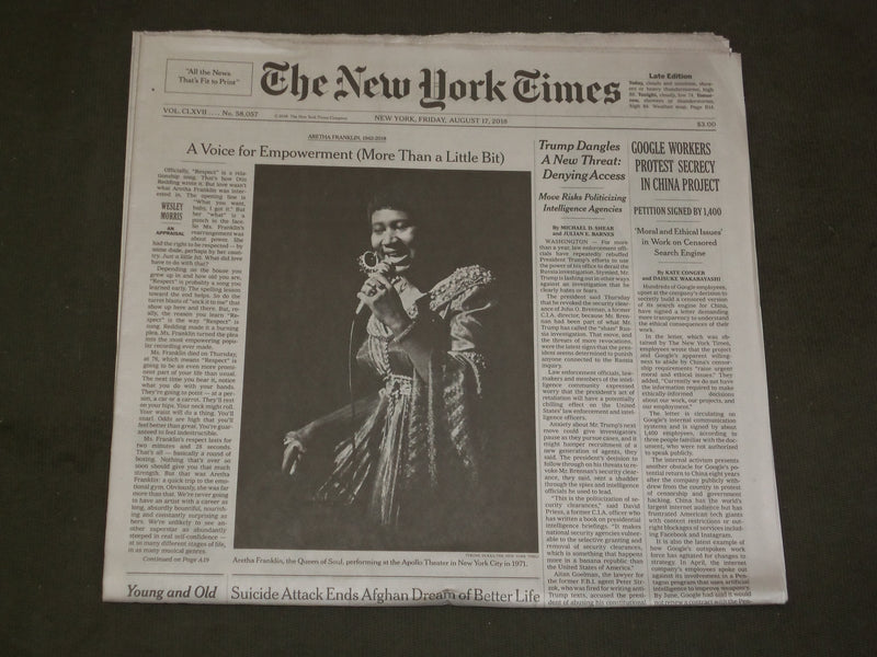 2018 AUGUST 17 NEW YORK TIMES - ARETHA FRANKLIN DIED - 1942-2018