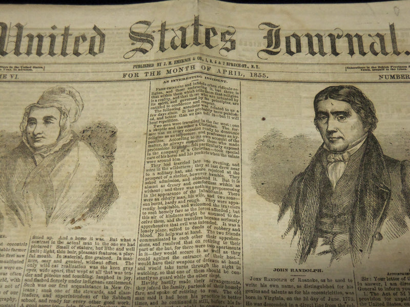 1855 APRIL UNITED STATES JOURNAL NEWSPAPER - JOHN RANDOLPH - NP 3879D