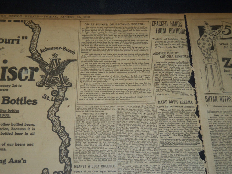 1906 AUGUST 31 THE BOSTON HERALD - BRYAN WEEPS AS 20,000 WELCOME HIM - BH 105