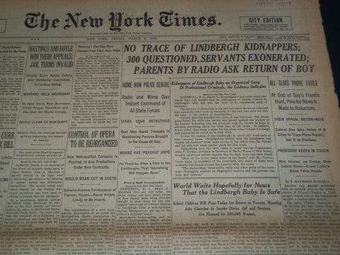 1932 MARCH 4 NEW YORK TIMES - WORLD WAITS HOPEFULLY THAT BABY IS SAFE - NT 7430