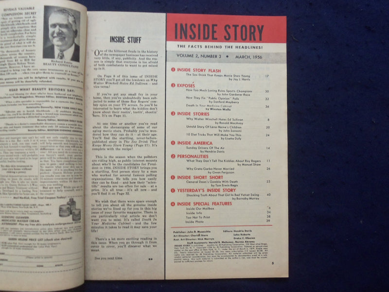1956 MARCH INSIDE STORY MAGAZINE - ROY ROGERS-LENA HORNE-ED SULLIVAN - SP 4781O