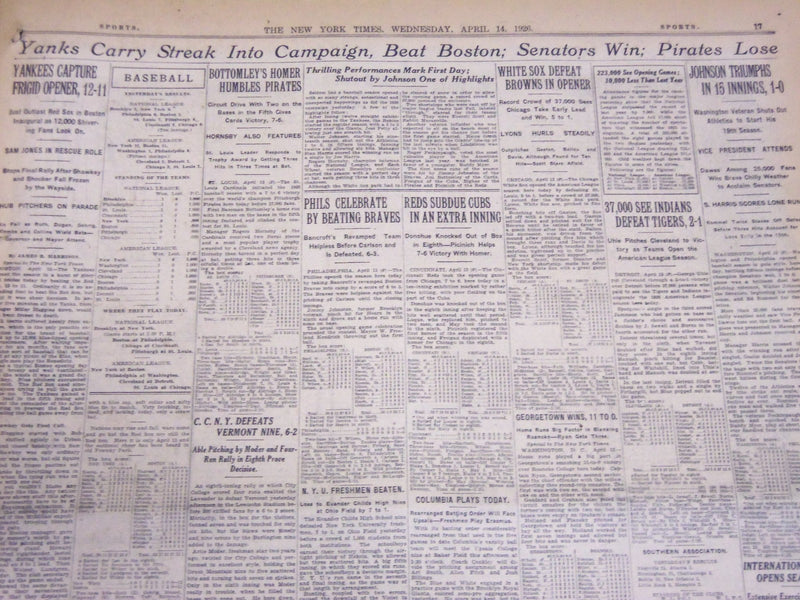 1926 APRIL 14 NEW YORK TIMES - BASEBALL RETURNS AS ROBINS BLANK GIANTS - NT 5050