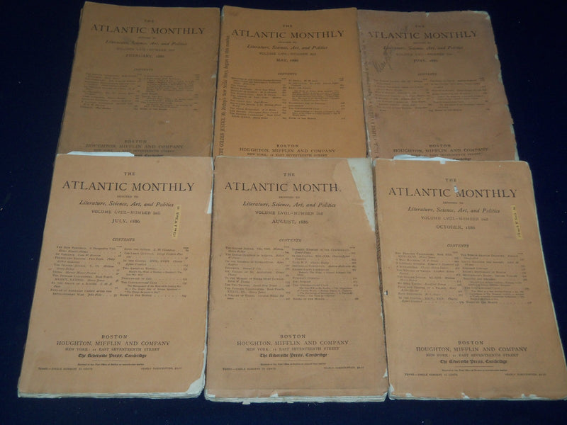 1886 THE ATLANTIC MONTHLY MAGAZINE LOT OF 6 ISSUES - GREAT WRITERS - WR 54
