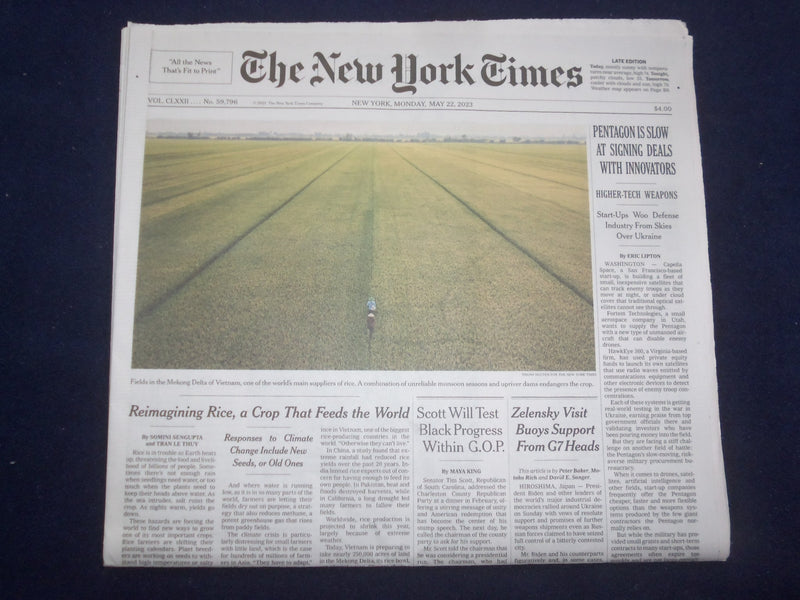 2023 MAY 22 NEW YORK TIMES - PENTAGON IS SLOW AT SIGNING DEALS WITH INNOVATORS